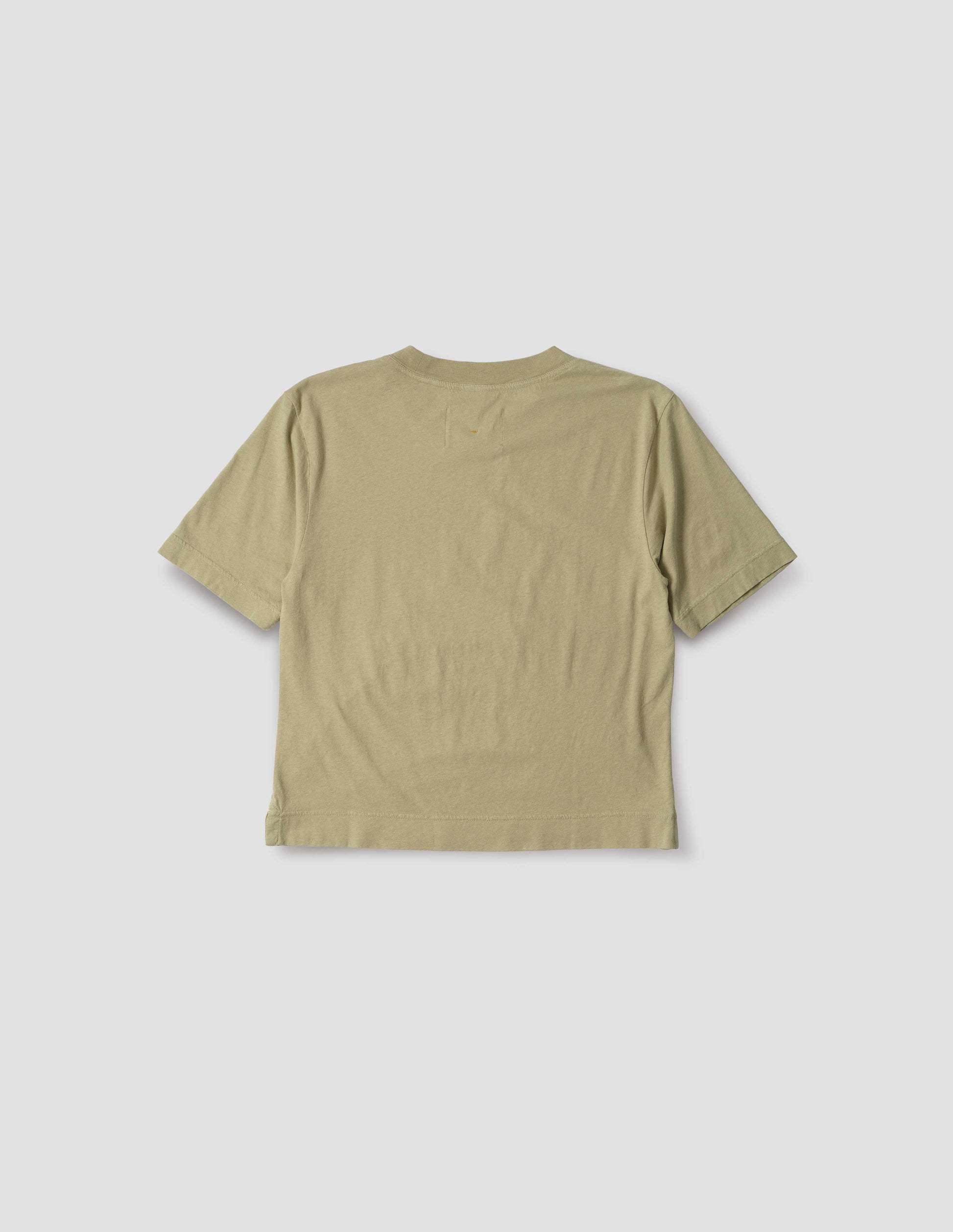 Pale green cotton linen short sleeve t-shirt with herringbone tape detailing on inside neck and vent split hem. Back flat lay view.