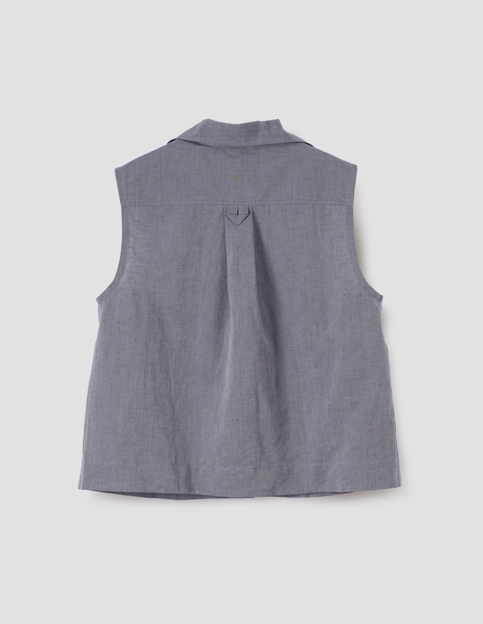 Blueish grey cotton linen sleeveless shirt, fabric swatch.
