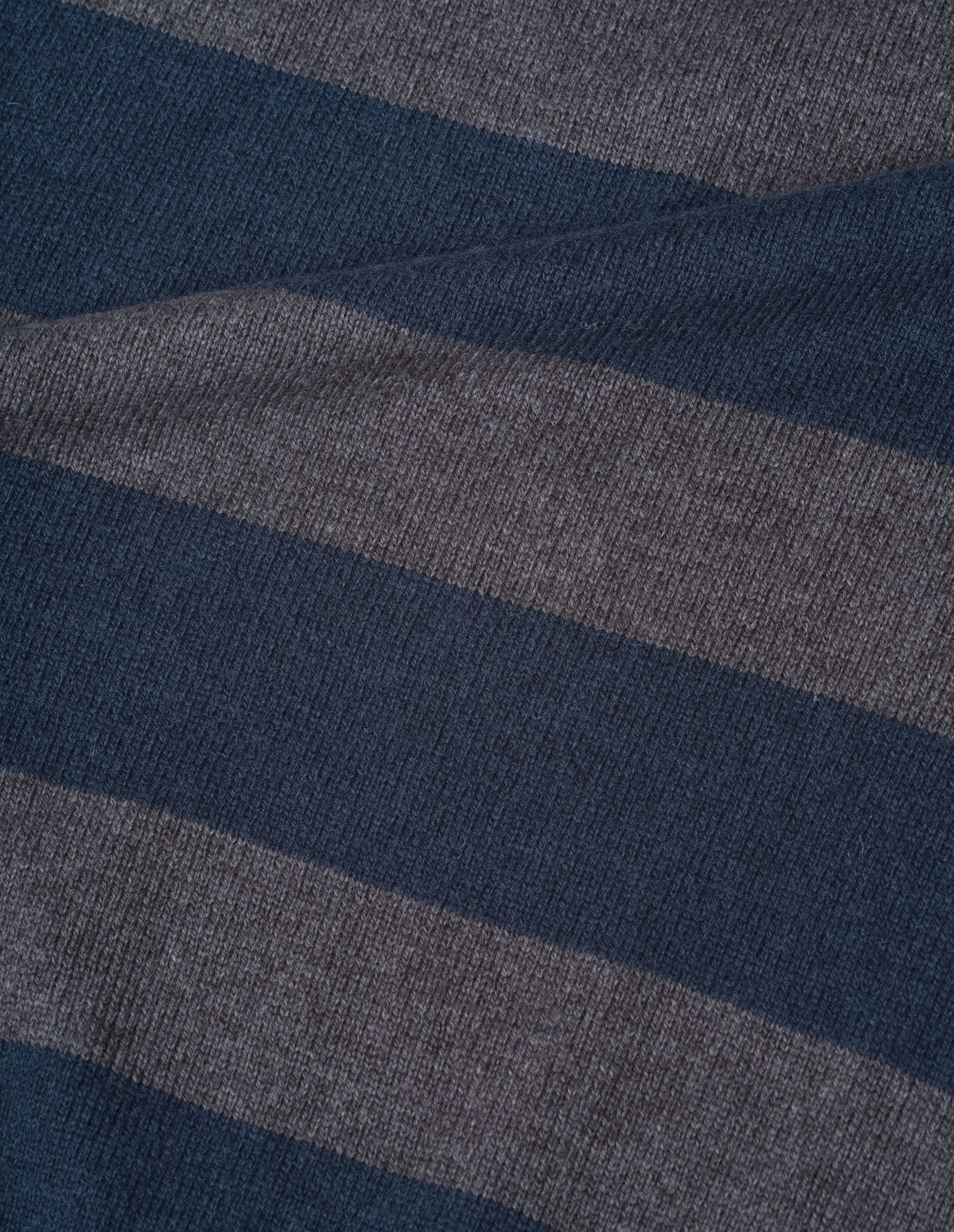Grey and dark navy striped wool and cotton v neck slipover, fabric swatch.