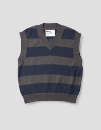 MHL. STRIPED V NECK SLIPOVER | WOOL COTTON | CHARCOAL / NAVY