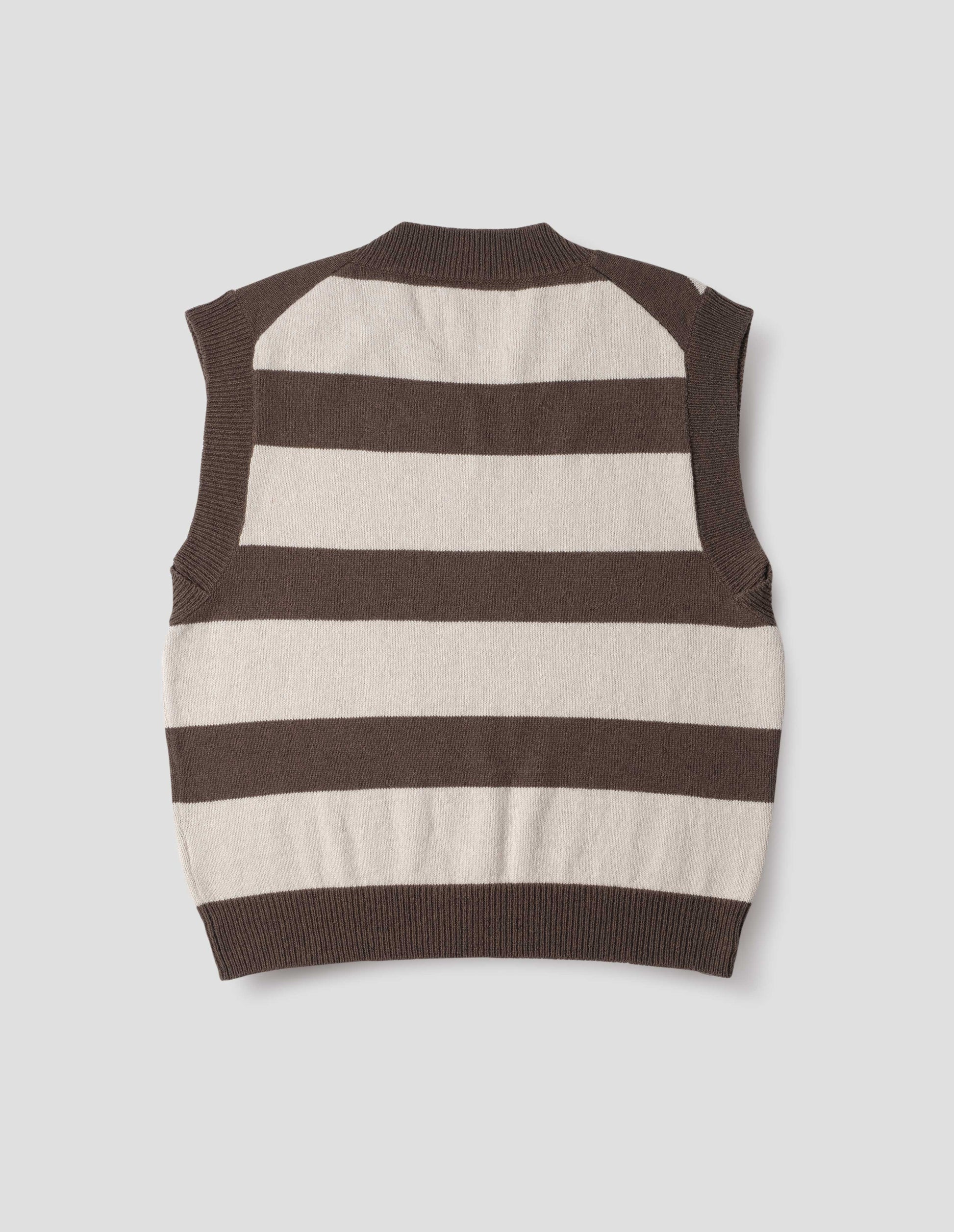 Brown and off white chunky striped sleeveless knitted jumper, with thick brown rib on neck, armholes and hem, back flat lay view.