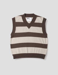 MHL. STRIPED V NECK SLIPOVER | WOOL COTTON | CONKER / OFF WHITE