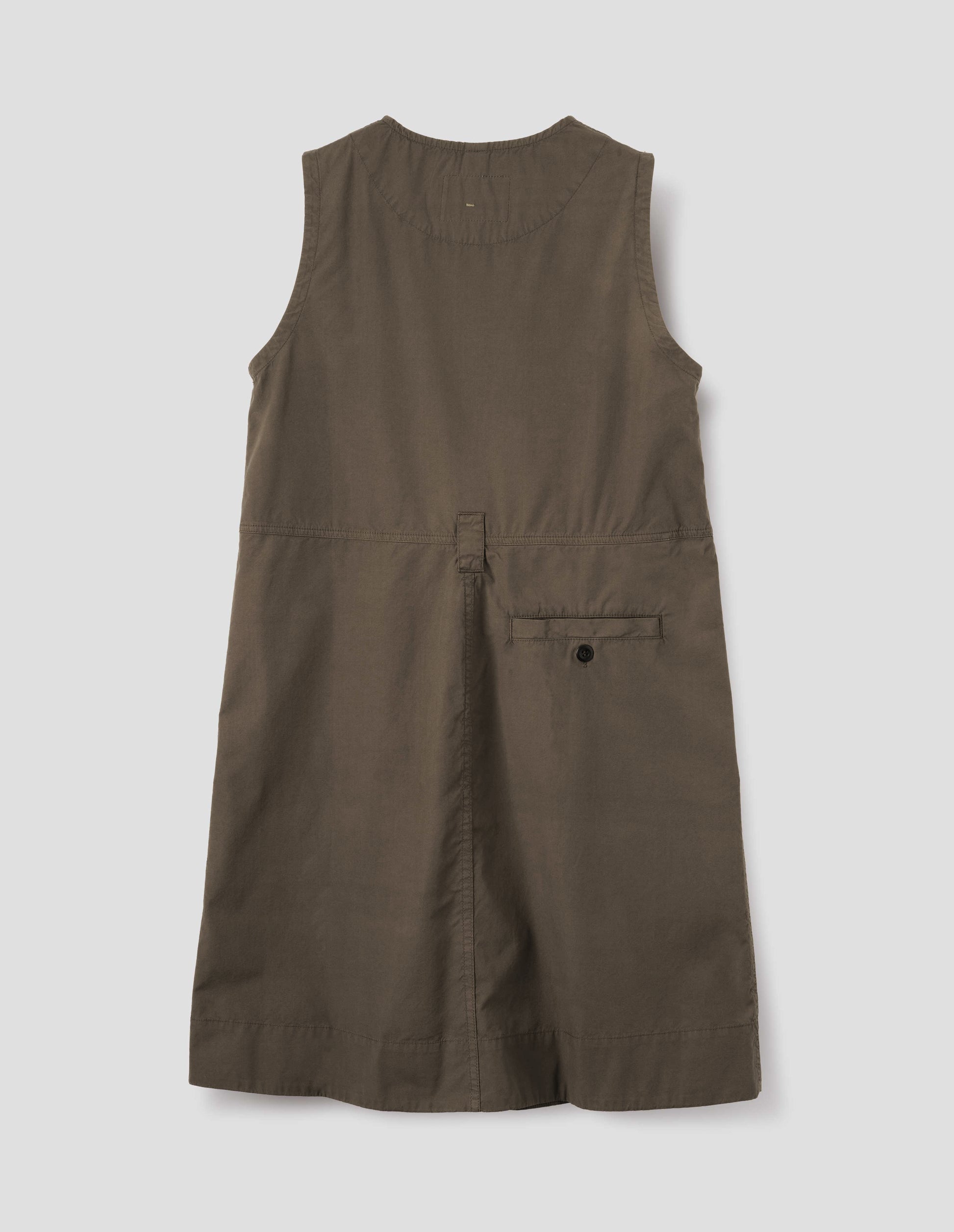 Greenish brown sleeveless dress with singular belt loop and back button through welt pocket. Back flat lay view. 