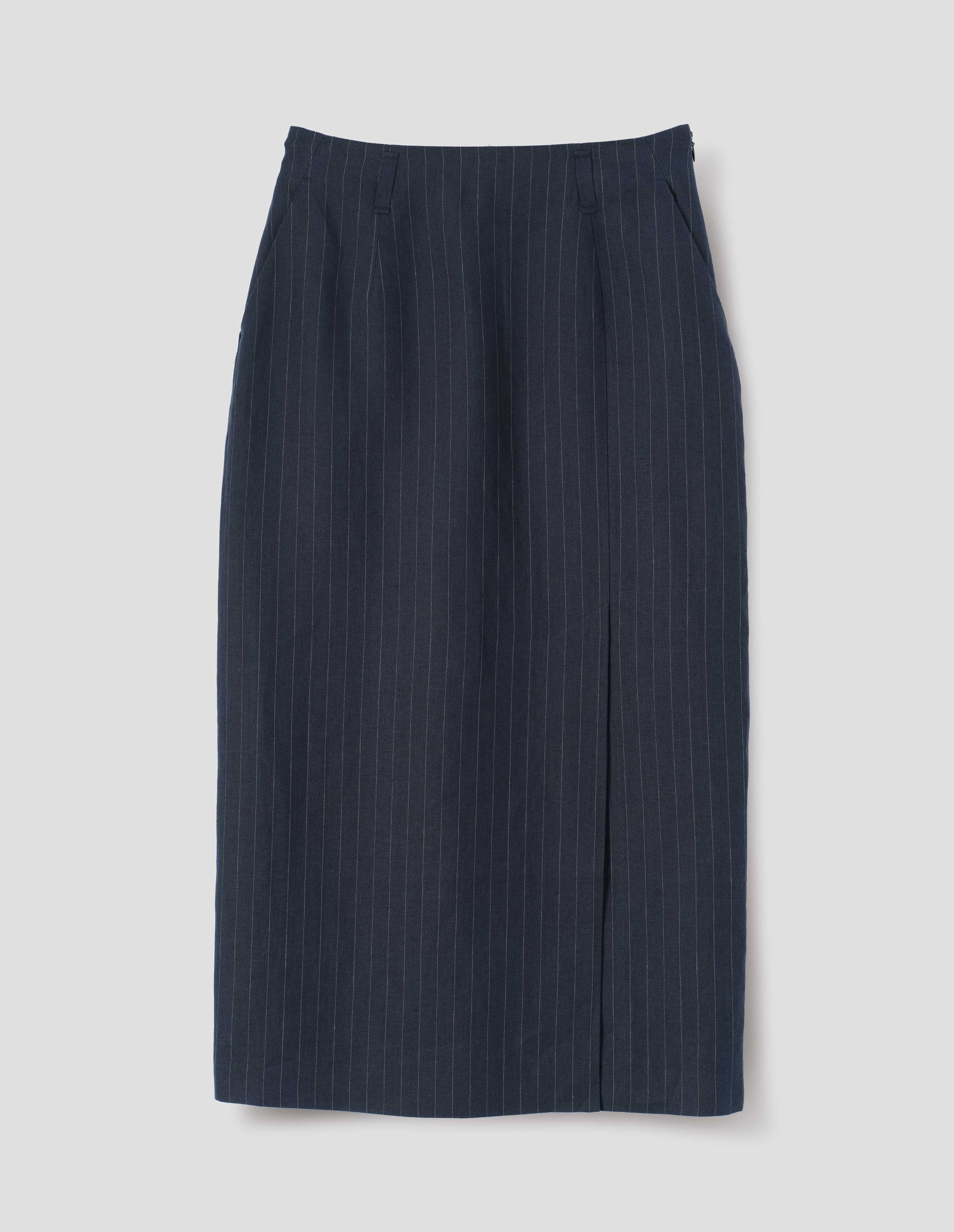 Navy grey pinstripe linen Midi Vent Skirt | Margaret Howell