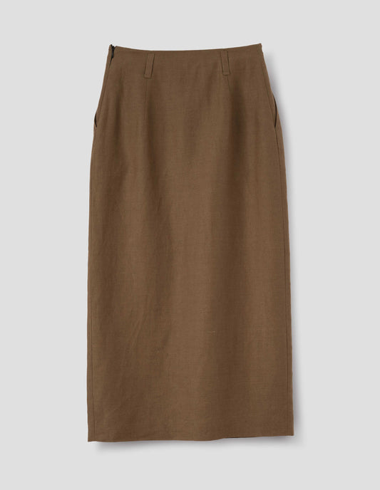 Brown linen skirt, with belt loops. Back flat lay view.