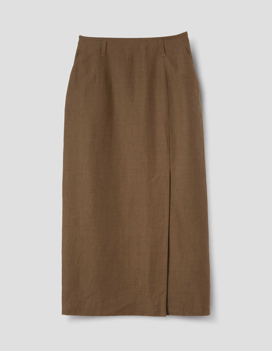 Brown linen skirt, with offset front vent, concealed side zip fastening, slant side pockets and belt loops. Front flat lay view.