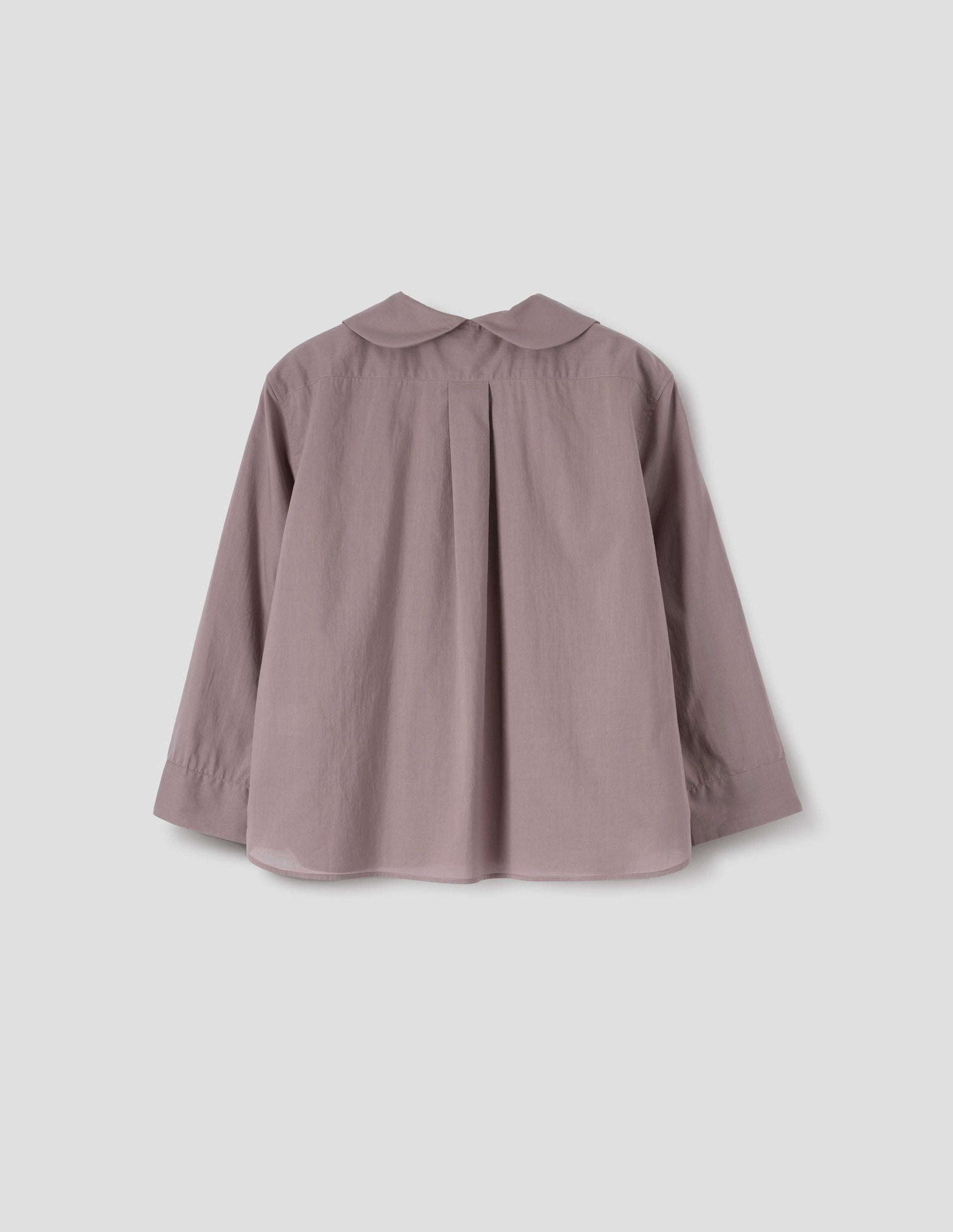 Pinkish brown shirt with round petal collar detail, box pleats on back yoke, three quarter sleeves with turned back cuff detail. Back flat lay view.