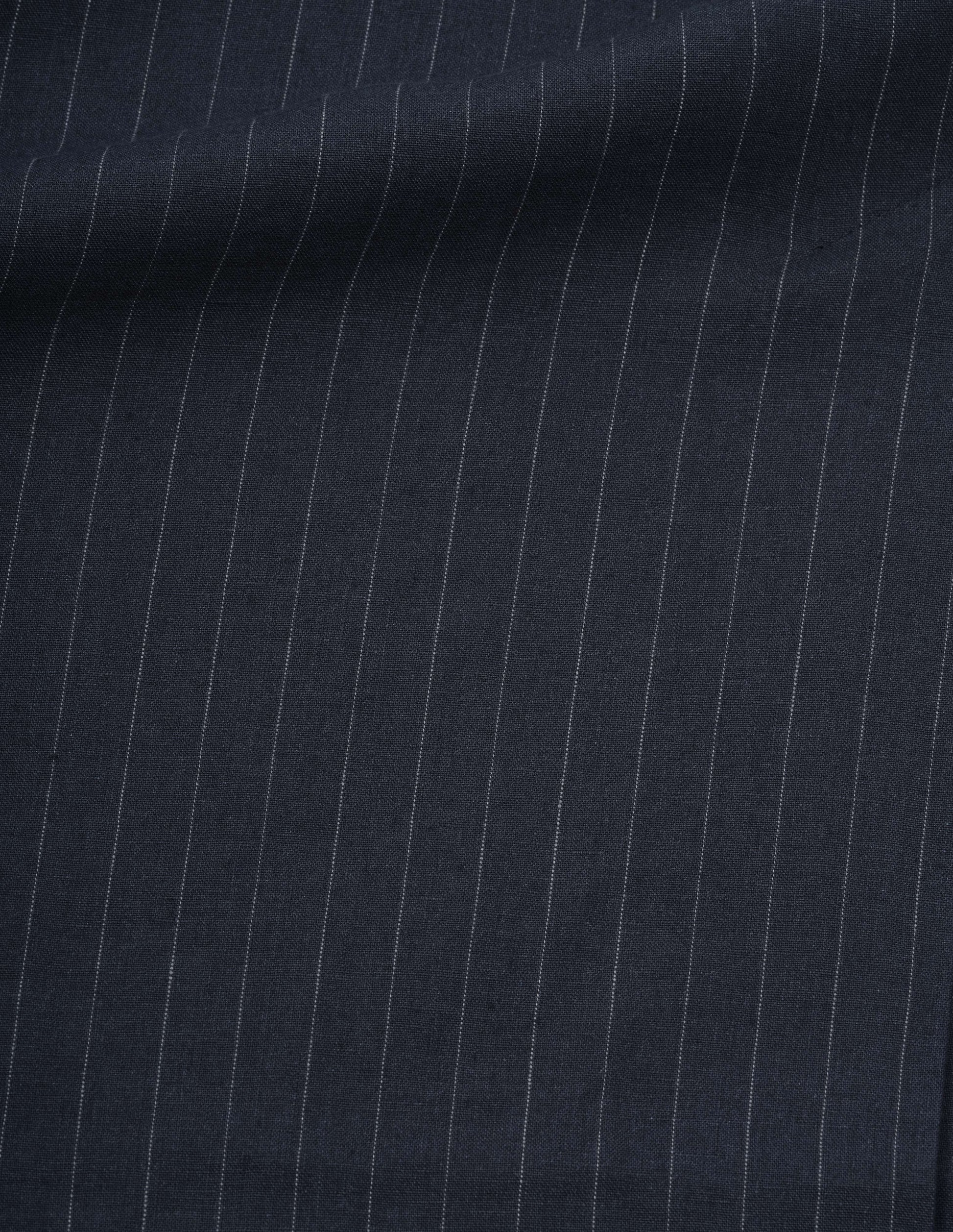 Dark navy and grey pinstripe linen trousers, fabric swatch.