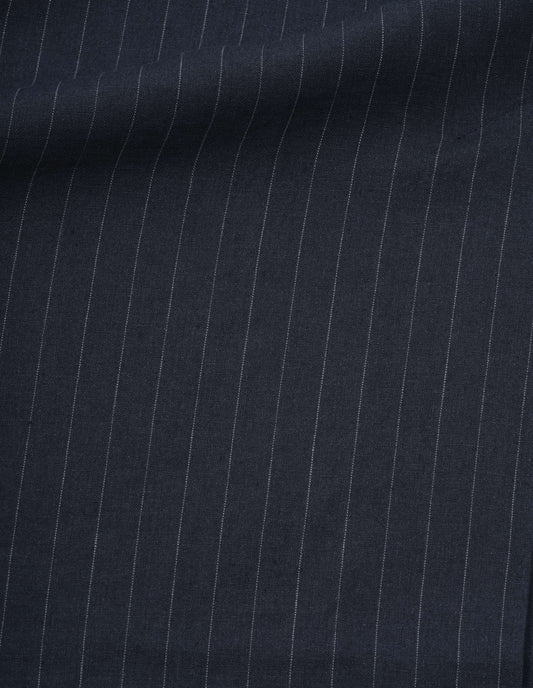 Dark navy and grey pinstripe linen trousers, fabric swatch.