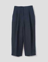 PLEATED FRONT CROPPED TROUSERS | PINSTRIPE LINEN | NAVY / GREY