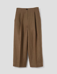 PLEATED FRONT CROPPED TROUSERS | PLAINWEAVE LINEN | BROWN