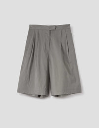 PLEATED LONG SHORTS | FINE STRIPE COTTON SILK | BLACK / ECRU