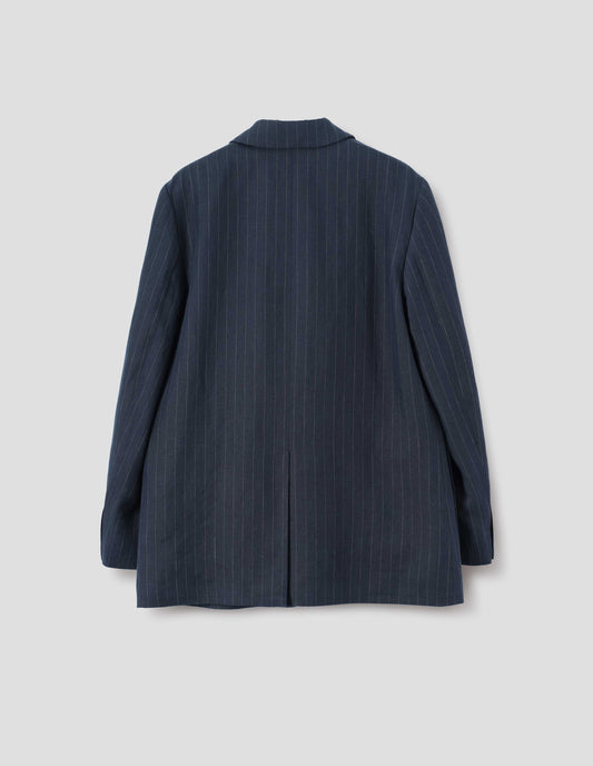 Dark navy blue and grey pinstripe linen blazer, with horn button cuffs and back vent. Back flat lay view.
