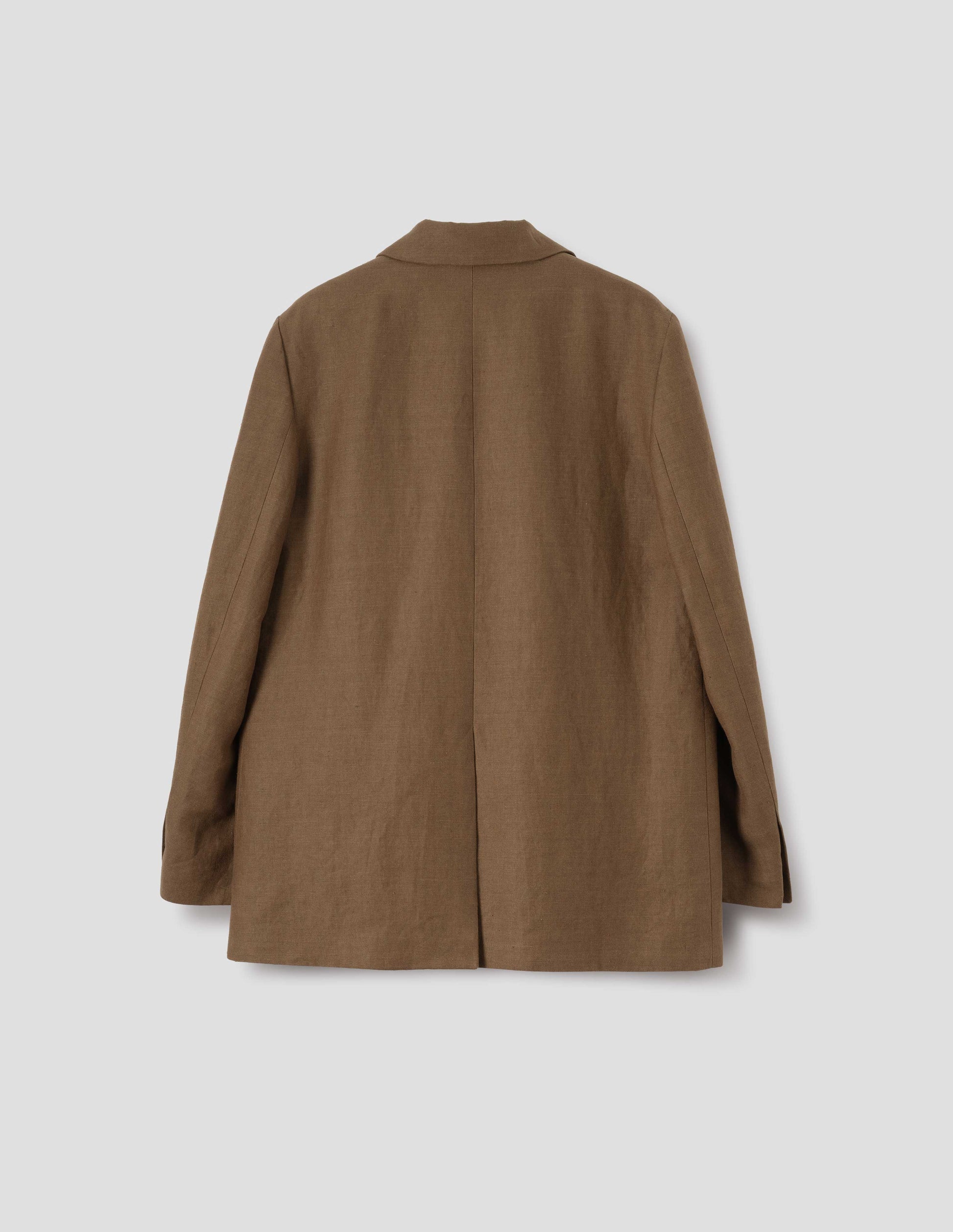 Brown blazer with horn button cuffs and back vent. Back flat lay view.