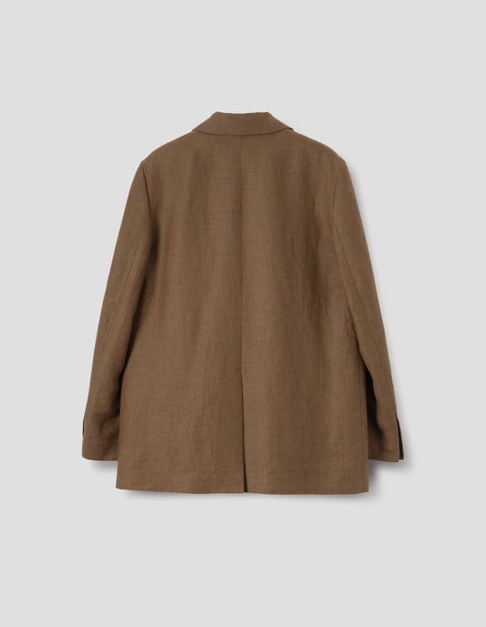 Brown blazer with horn button cuffs and back vent. Back flat lay view.