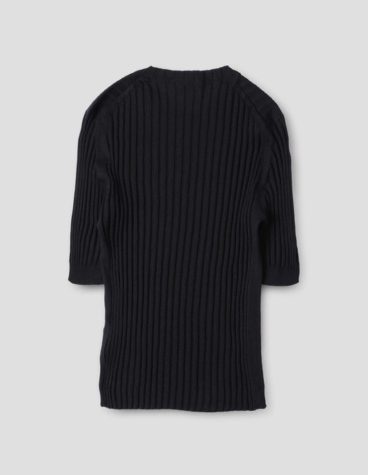 Black knitted ribbed t-shirt with round neck and fine rib sleeve cuffs. Back flat lay view.