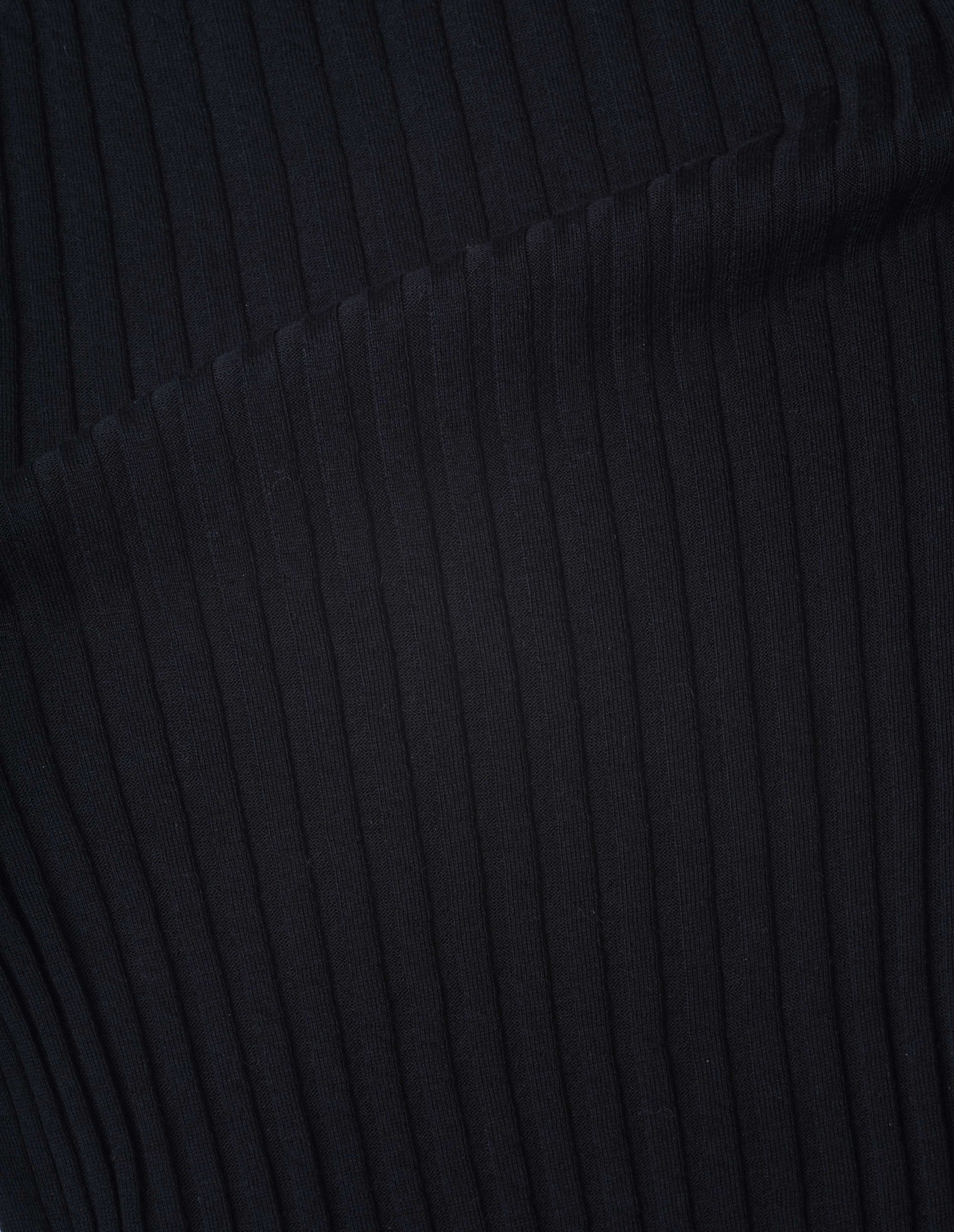 Black fine wool cotton ribbed t-shirt fabric swatch.