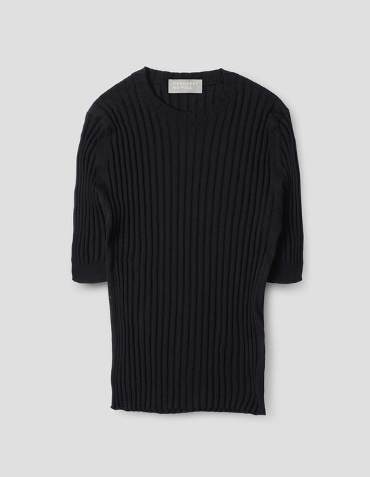 Black knitted ribbed t-shirt with round neck and fine rib sleeve cuffs. Front flat lay view.