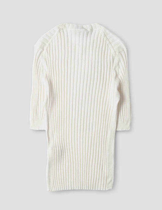 Beige knitted ribbed t-shirt with round neck and fine rib sleeve cuffs. Back flat lay view.