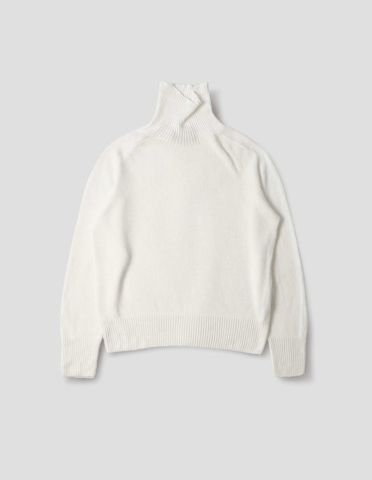 Off white linen cotton roll neck jumper with long saddle sleeves and contrast rib on neck, cuffs and hem. Front flat lay view.