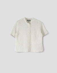 SHORT SLEEVE COLLARLESS SHIRT | COTTON SILK GRAPHIC STRIPE | ECRU / PALE BLUE