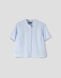 SHORT SLEEVE COLLARLESS SHIRT | WASHED COTTON | PALE BLUE