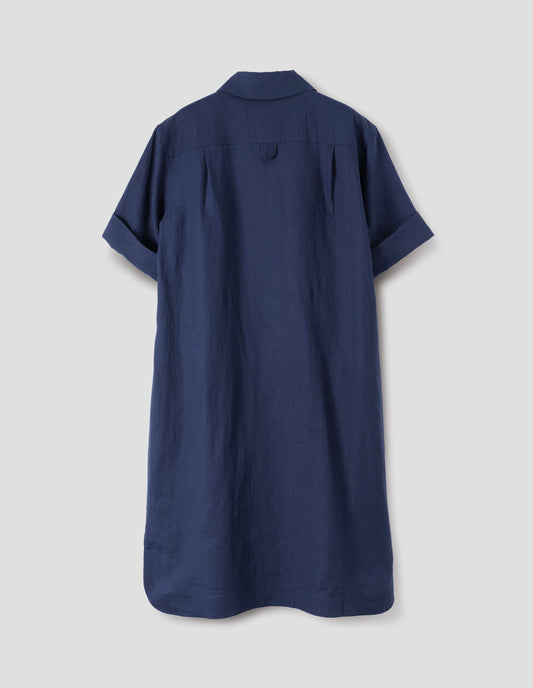 Blue linen shirt dress, with concealed side pockets and hanger loop detail on back. Back flat lay view.