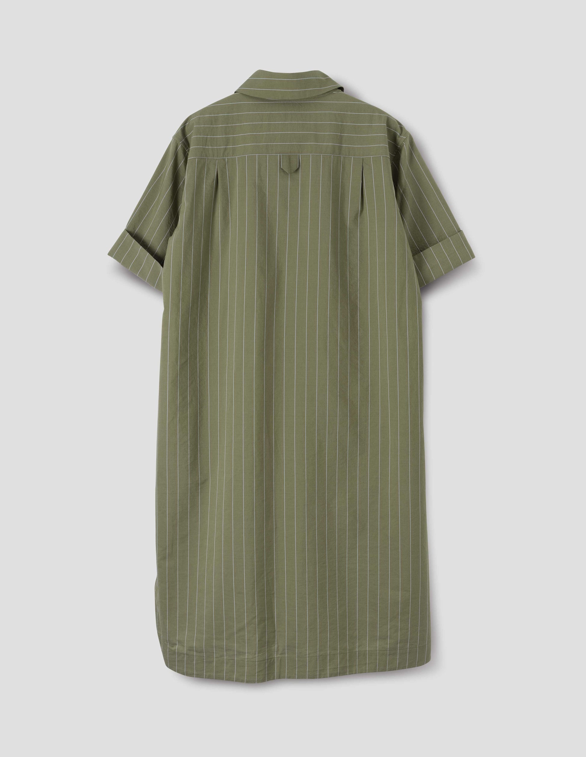 Green with light blue pin stripe cotton silk shirt dress, with concealed side pockets and hanger loop detail on back. Back flat lay view.