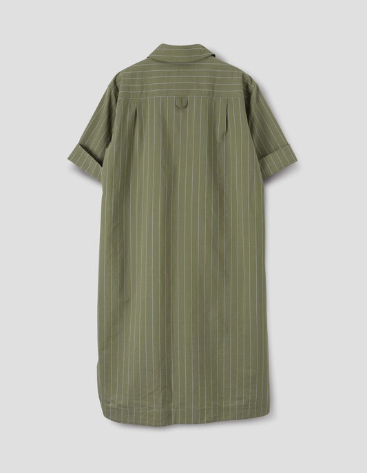 Green with light blue pin stripe cotton silk shirt dress, with concealed side pockets and hanger loop detail on back. Back flat lay view.
