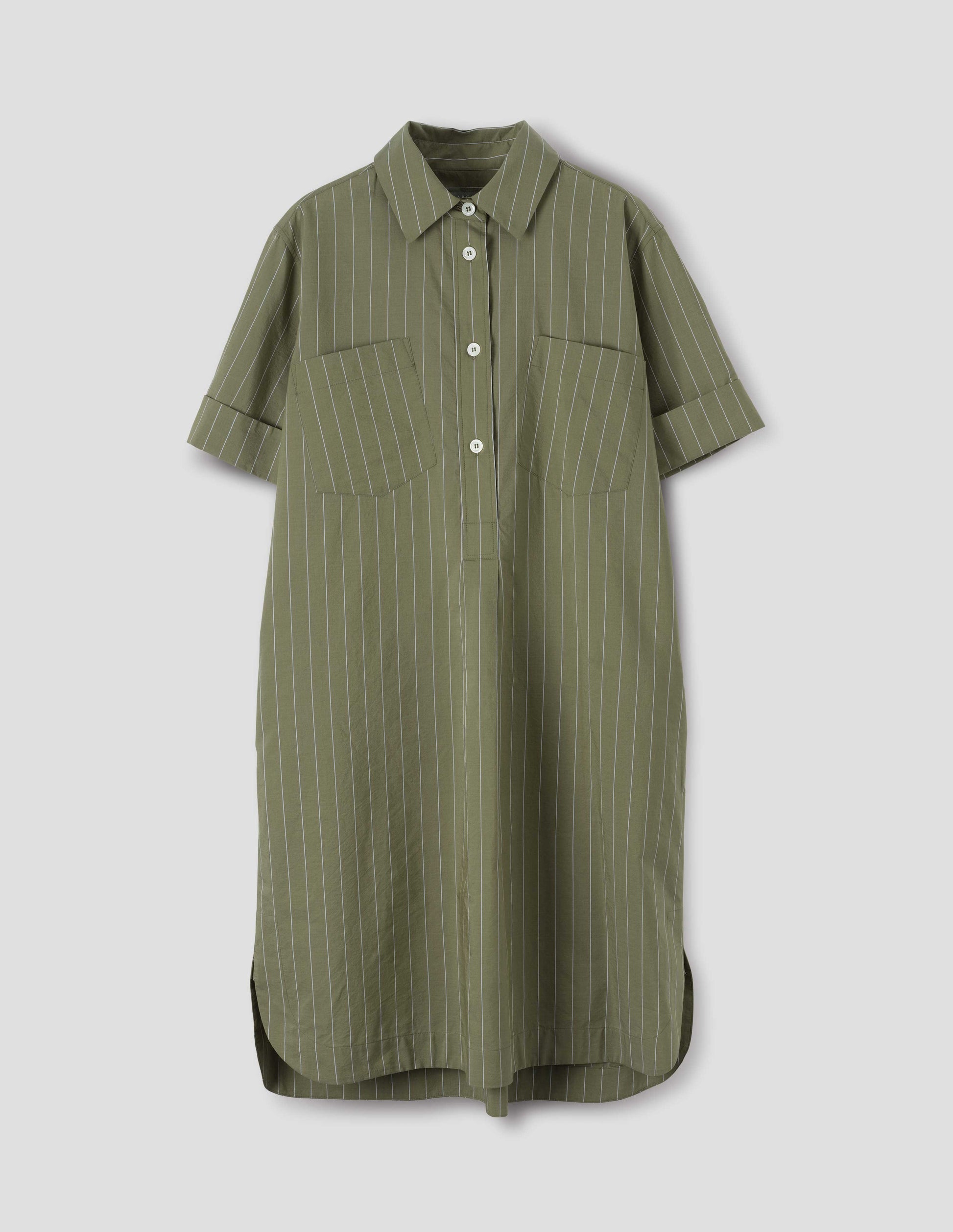 Green with light blue pin stripe cotton silk shirt dress, with raised stitch placket, concealed side pockets, two patch chest pockets and mother of pearl buttons. Front flat lay view.