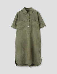 SHORT SLEEVE SHIRT DRESS | STRIPED COTTON SILK | GREEN / BLUE