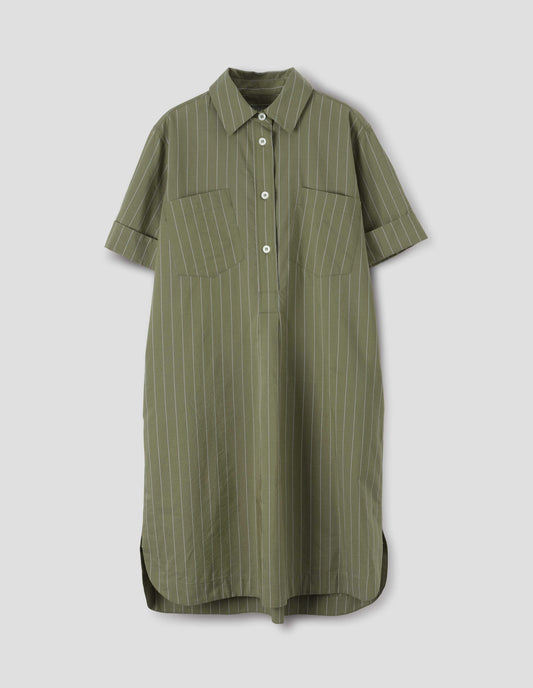 Green with light blue pin stripe cotton silk shirt dress, with raised stitch placket, concealed side pockets, two patch chest pockets and mother of pearl buttons. Front flat lay view.