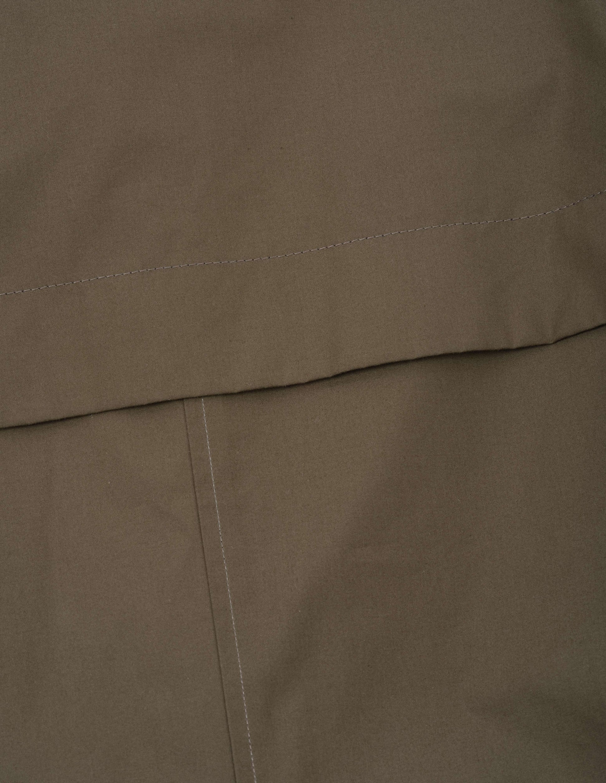 Greenish brown ventile dry cotton poplin short trench, fabric swatch.