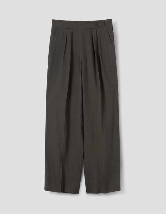 Greenish brown linen silk trousers with double pleats, concealed side zip, pull through double tab side fastening and slant side pockets, front flat lay view.