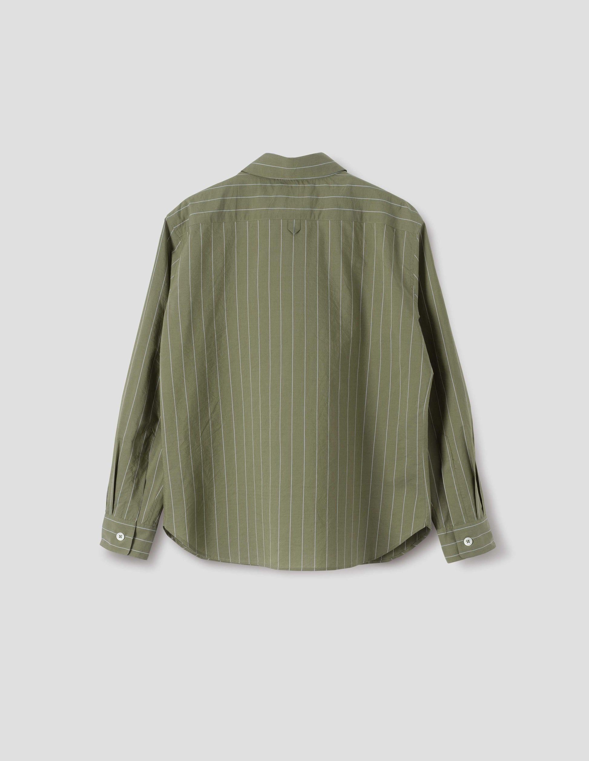Green with light blue pin stripe cotton silk shirt with mother of pearl buttons on cuffs and hanger loop detail on back yoke. Back flat lay view.