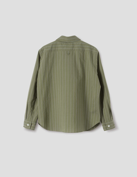 Green with light blue pin stripe cotton silk shirt with mother of pearl buttons on cuffs and hanger loop detail on back yoke. Back flat lay view.