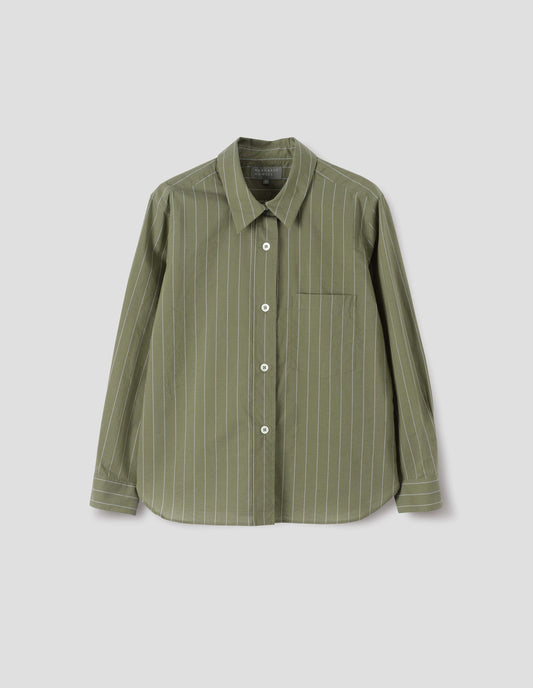 Green with light blue pin stripe cotton silk shirt  with raised placket and mother of pearl buttons, patch pocket on chest. Front flat lay view.