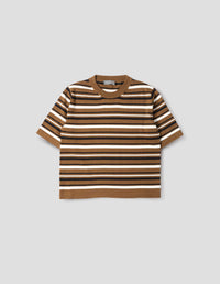 STRIPED KNITTED T SHIRT | COTTON LINEN | BROWN / BLACK / OFF WHITE