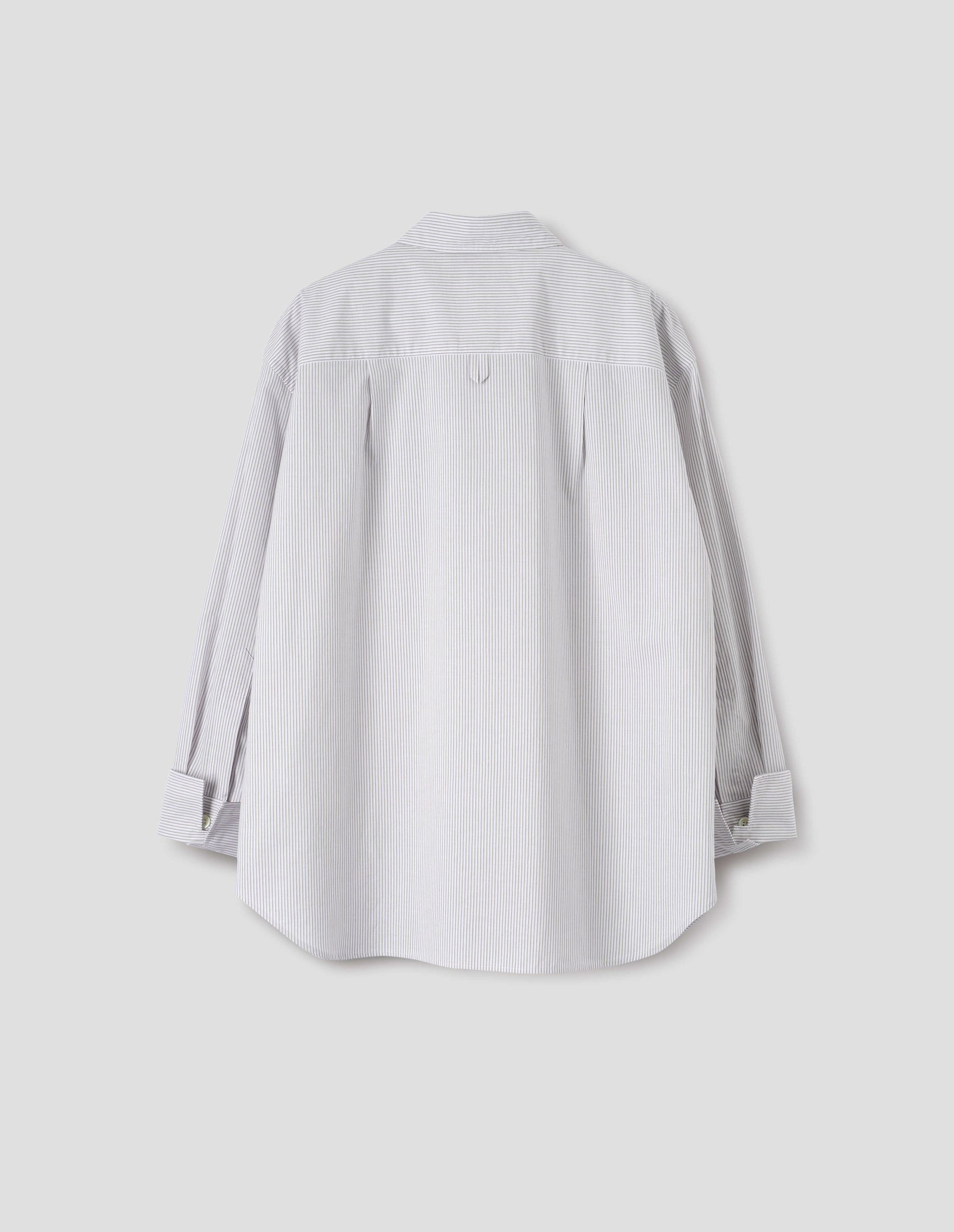 White and grey stripe relaxed cut and dropped shoulder cotton shirt, with collar, hanger loop detail on the back yoke and button fastening turned back double cuffs. Back flat lay view.
