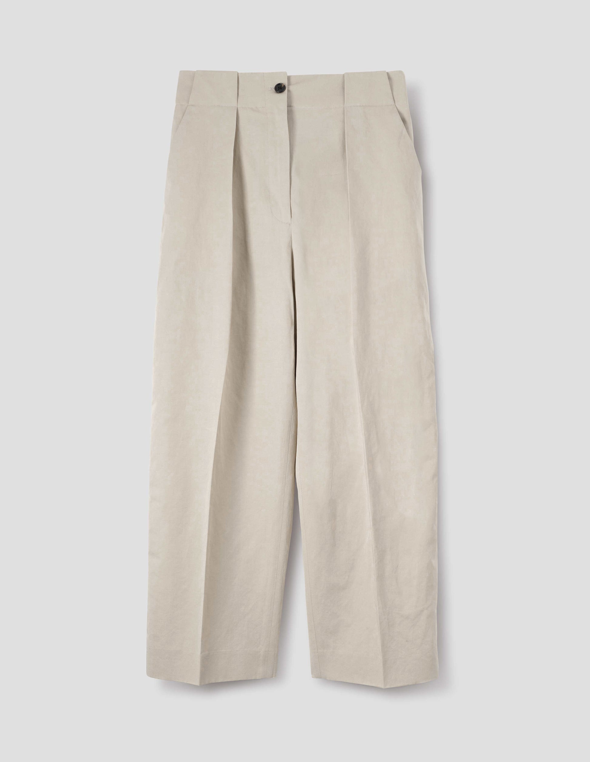 Beige cotton linen blend trousers, single pleats and grown-on waistband with large belt loops and horn button. Front flat lay view.