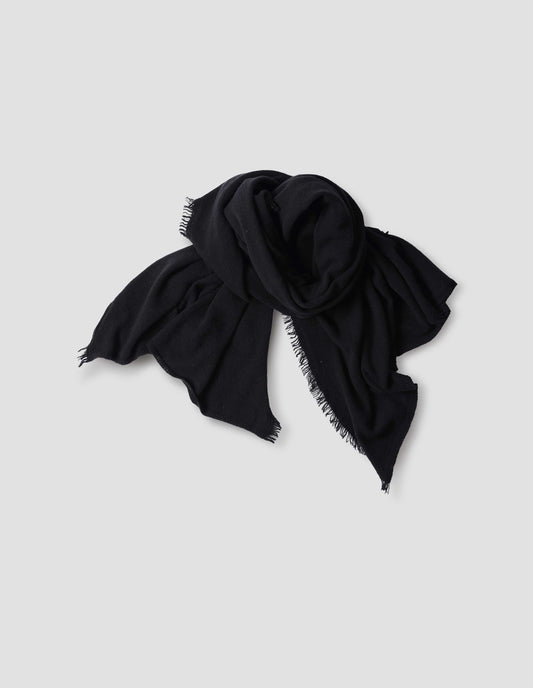Black merino wool and cashmere bed shawl, front view of garment wrapped like scarf.