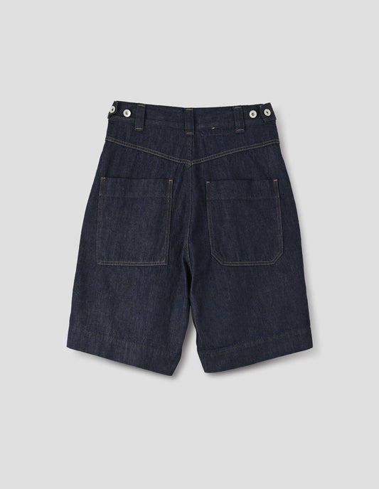 Dark blue denim twill shorts. With metal button tab waist adjusters, belt loops and patch pockets. Back flay lay view.