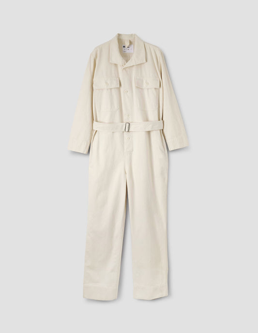 White overalls with  button-through collar, slider buckle belt, corozo brace button fastening  and  button-through flap patch pockets. Front flat lay view.
