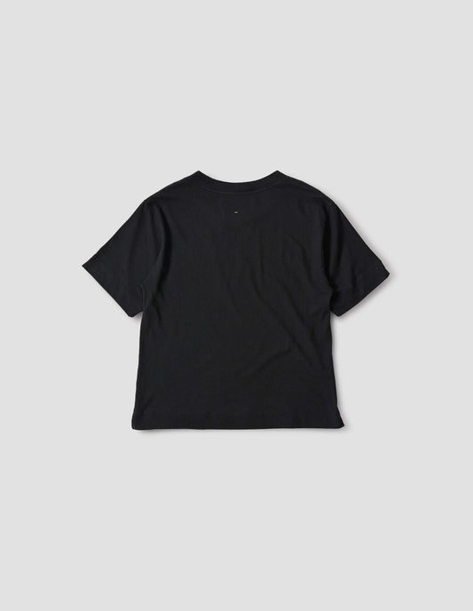 Black short sleeve cotton t-shirt with contrast rib on neck and stitch detailing on back shoulder, back flat lay view.