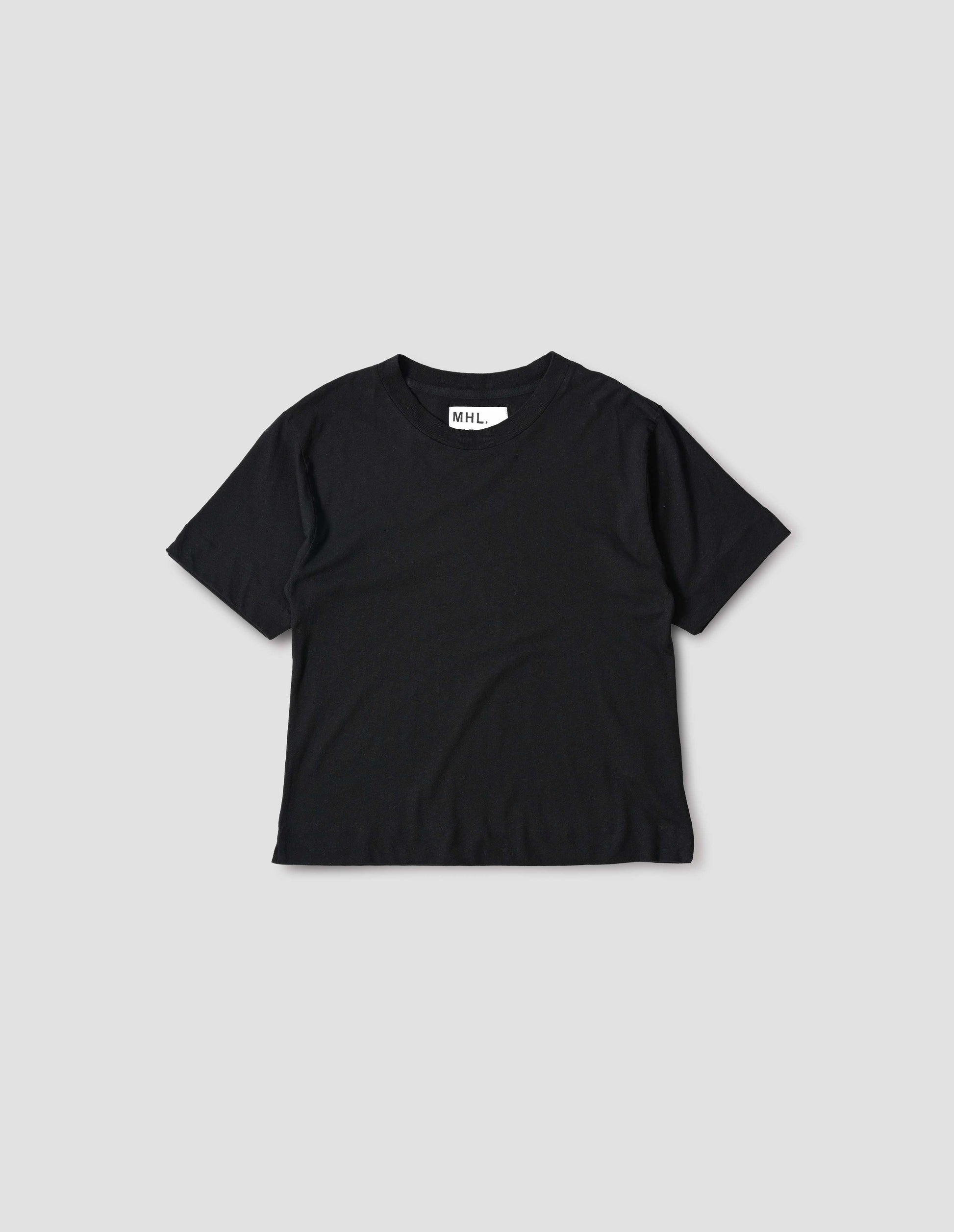 Black short sleeve cotton t-shirt with contrast rib on neck, front flat lay view.