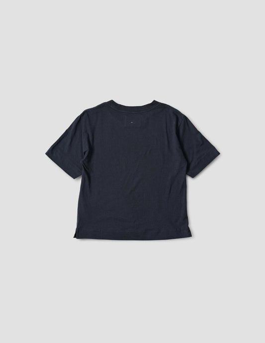 Navy blue short sleeve cotton t-shirt with contrast rib on neck and stitch detailing on back shoulder. Back flat lay view.