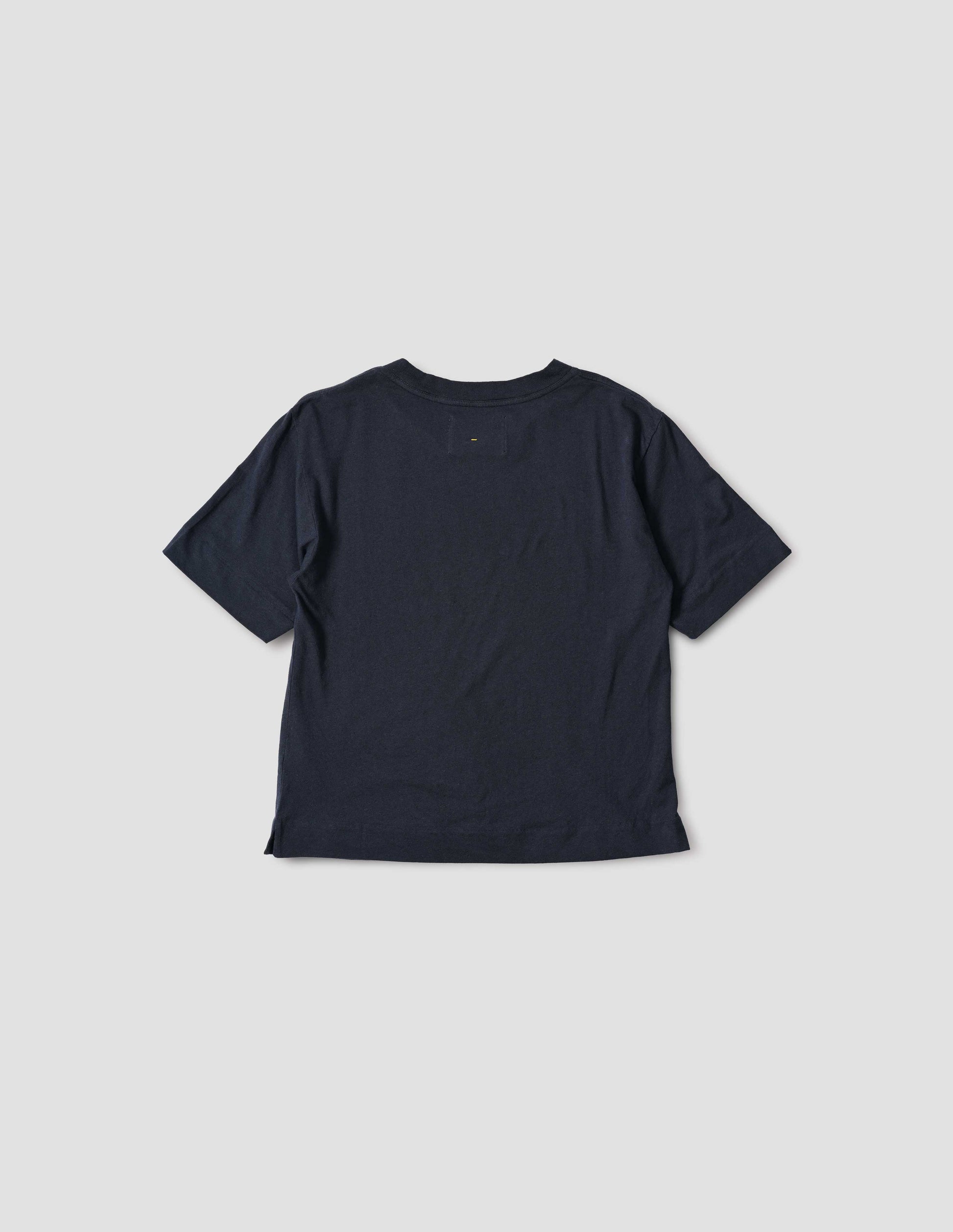 Navy blue short sleeve cotton t-shirt with contrast rib on neck and stitch detailing on back shoulder, back flat lay view.