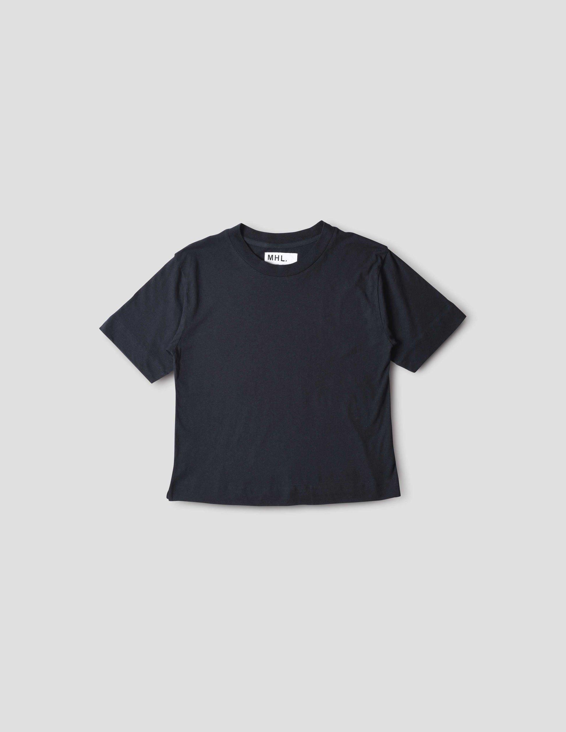 Navy blue short sleeve cotton t-shirt with contrast rib on neck, front flat lay view.