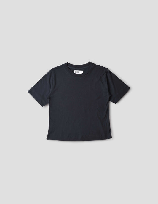 Navy blue short sleeve cotton t-shirt with contrast rib on neck, front flat lay view.