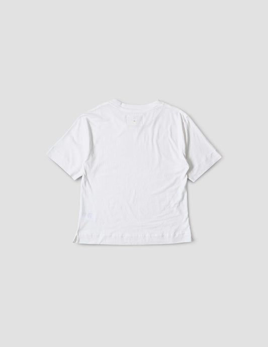 White short sleeve cotton t-shirt with contrast rib on neck and stitch detailing on back shoulder. Back flat lay view.